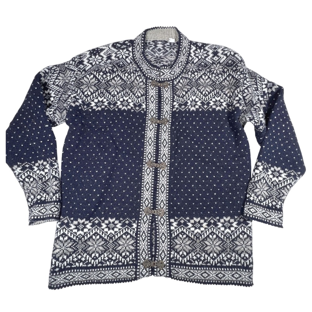 Nordic Fair Isle Cardigan Women L Blue Metal Clasp Wool Blend Sweater Snowflake